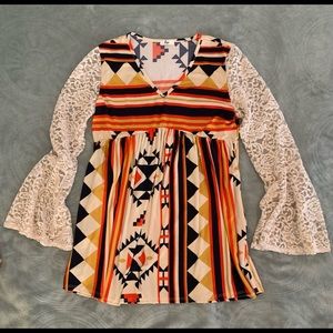 Brand NEW Boutique Top; Tribal Boho Print; Laced LS. Never Worn!!